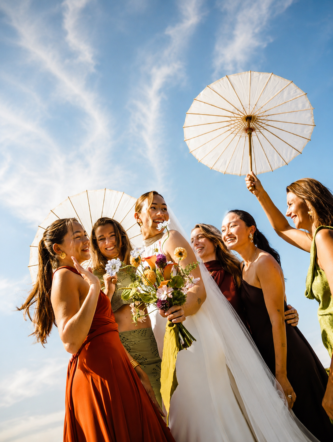 La novia riendo con sus amigas y sombrillas de papel bajo el cielo — fotografía de boda en Gandia