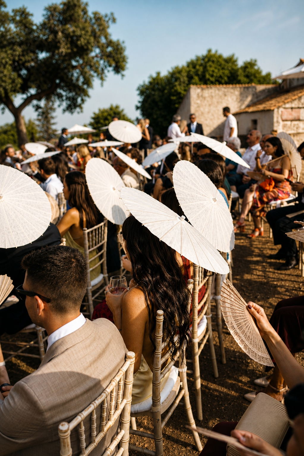 Invitados con sombrillas de papel durante la ceremonia al aire libre a la hora dorada — reportaje de boda en la Comunitat Valenciana