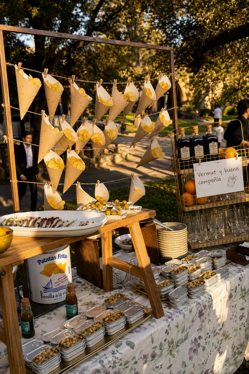 Puesto de aperitivo al aire libre con conos de patatas y conservas — boda en la Comunitat Valenciana